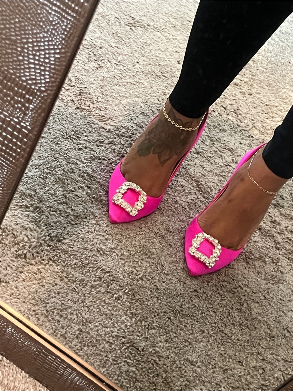 Badgley Mischka Fuchsia Pointed-Toe Crystal Buckle Flats - Women's